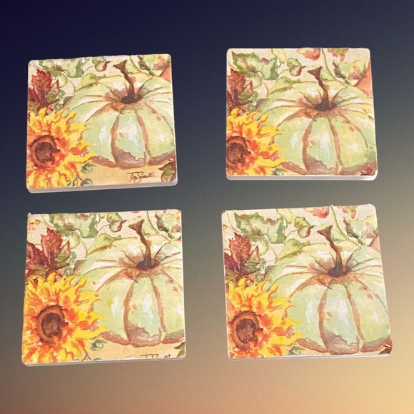 Fall Pumpkin Ceramic Coasters in Wooden Holder set of 4 New handmade 3.5" x 3.5" - Picture 2 of 3